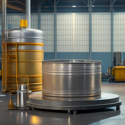 A large, stainless steel Fat Vat Container sits atop a sleek, industrial-style dolly, surrounded by tools and oil drums, with a few strategically placed oil droplets and subtle reflections.