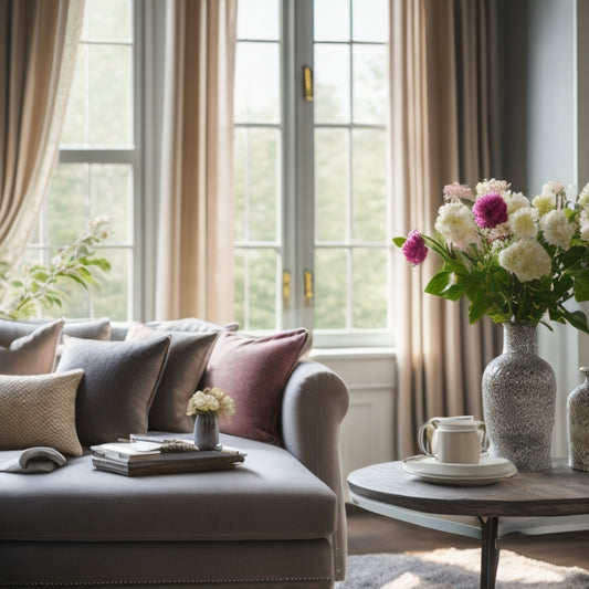 Generate an image of a beautifully styled living room with a vase of fresh flowers, a few strategically placed throw pillows, and a large window with open curtains, bathing the room in natural light.