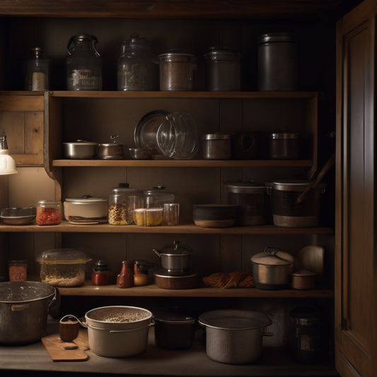 A dimly lit kitchen cabinet with worn wooden shelves and old-fashioned metal hinges, slightly ajar, revealing a cluttered mess of expired food, dusty containers, and forgotten kitchen gadgets.