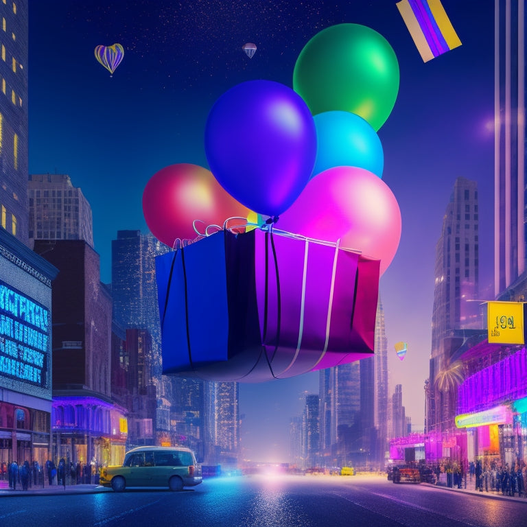 A bright, colorful illustration of a shopping bag overflowing with sale tags, confetti, and balloons, set against a cityscape with neon-lit storefronts and a giant percentage sign.