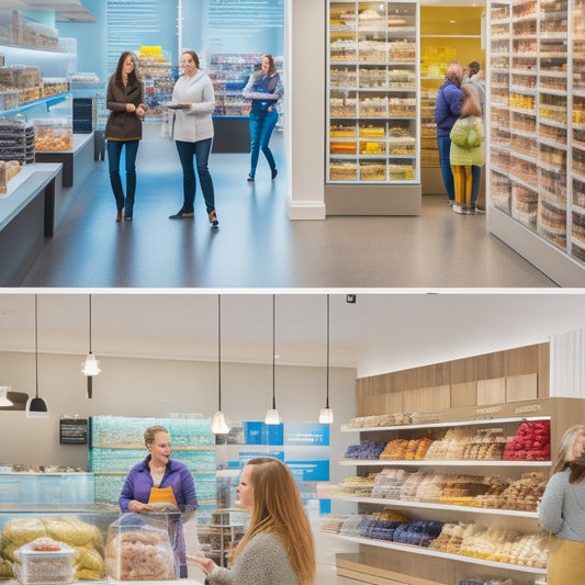 A modern, sleek retail store interior with happy customers interacting with friendly sales associates, surrounded by neatly organized shelves stocked with Zyliss kitchenware and utensils, with warm lighting and a clean aesthetic.