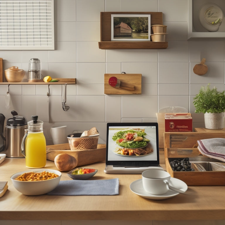 A tidy college kitchen with a laptop open on the counter, surrounded by utensils and cookbooks, with a tablet mounted on the wall displaying a digital calendar and recipe app.