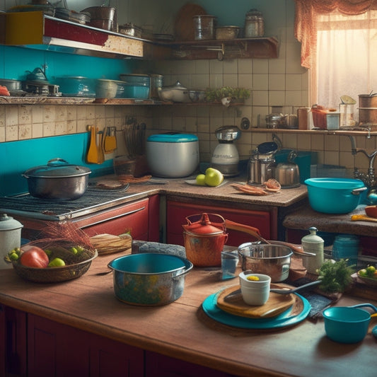 A messy kitchen with cluttered countertops, a sink piled high with dirty dishes, and a stove covered in grease, juxtaposed with a clean and organized kitchen in the background.