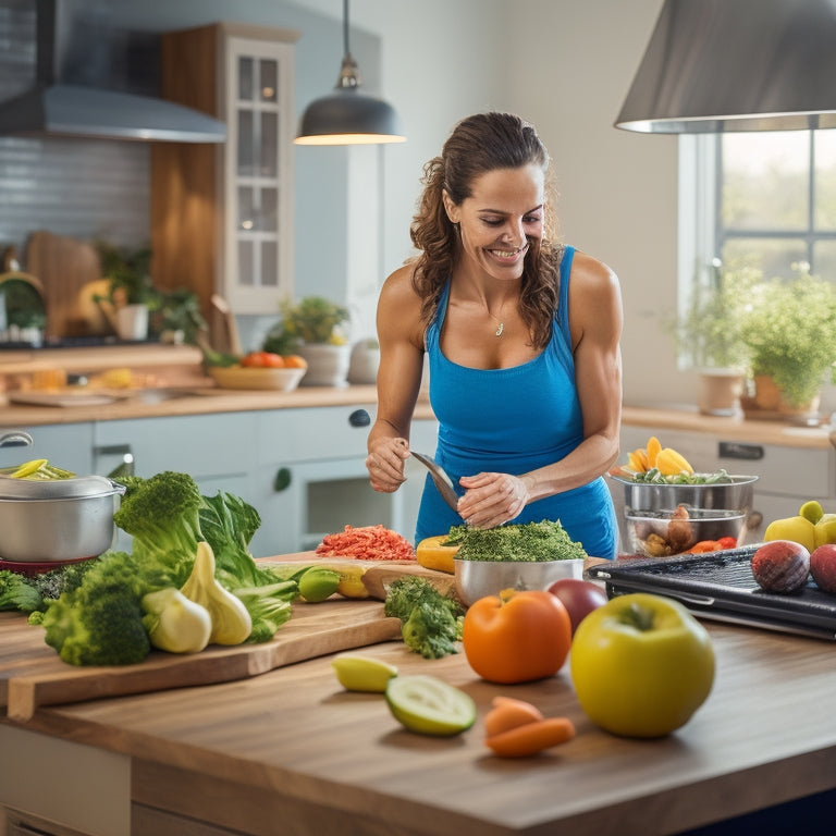 A warm and inviting kitchen scene: a fit woman in yoga pants and a bright apron, enthusiastically chopping vegetables on a wooden counter, surrounded by healthy ingredients and a laptop with a cooking class on screen.