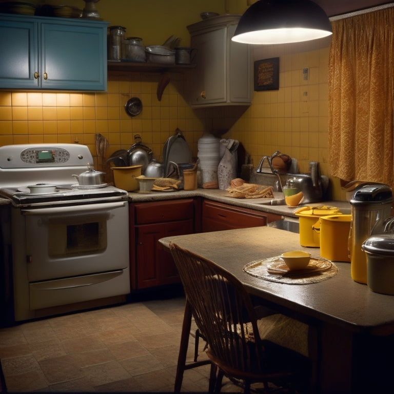 A dimly lit kitchen with cluttered countertops, piles of dirty dishes, and overflowing trash cans, surrounded by worn-out appliances and a backdrop of peeling yellow walls, with a faint outline of a recycling bin in the corner.