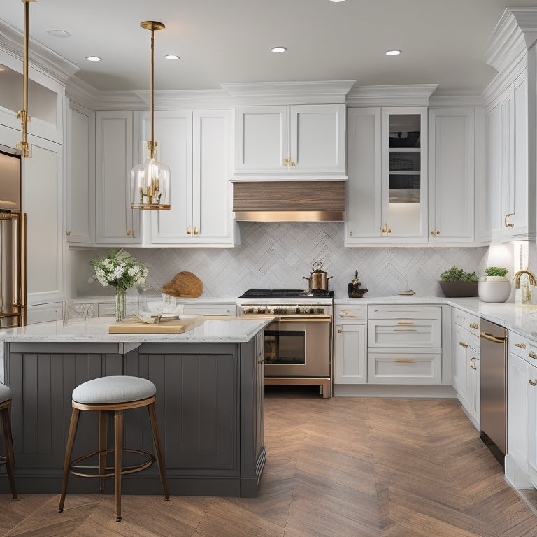 Render a serene, well-lit kitchen interior featuring Mouser Cabinetry's sleek, white, Shaker-style cabinets with ornate bronze hardware, accompanied by a large, quartz-topped island and dark hardwood flooring.