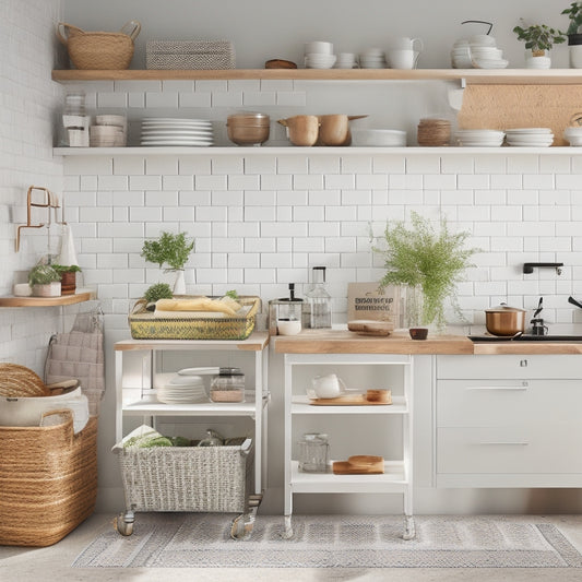 A bright, modern kitchen with sleek countertops, a utensil-lined pegboard, and a cart filled with labeled baskets, surrounded by a subtle background of soft, natural light.