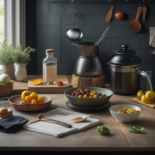 A clutter-free kitchen counter with a few strategically placed utensils, a cookbook open to a recipe, and a small chalkboard with a shopping list, surrounded by a few fresh ingredients.