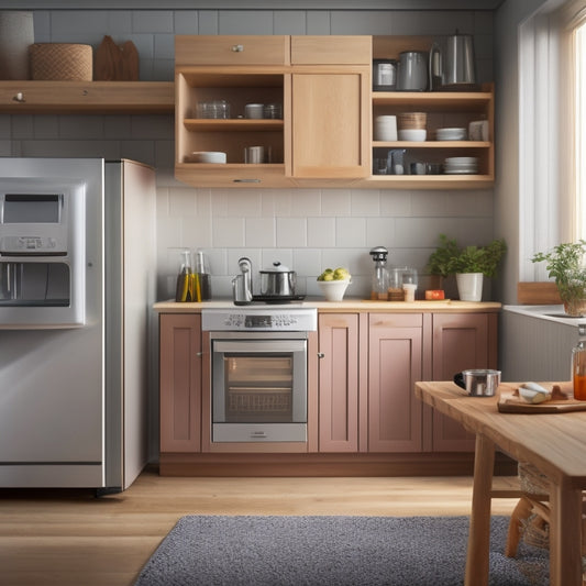 A clutter-free kitchen countertop with a few small appliances, such as a toaster and blender, neatly stored in a wooden appliance garage with sliding doors, surrounded by minimal decor.