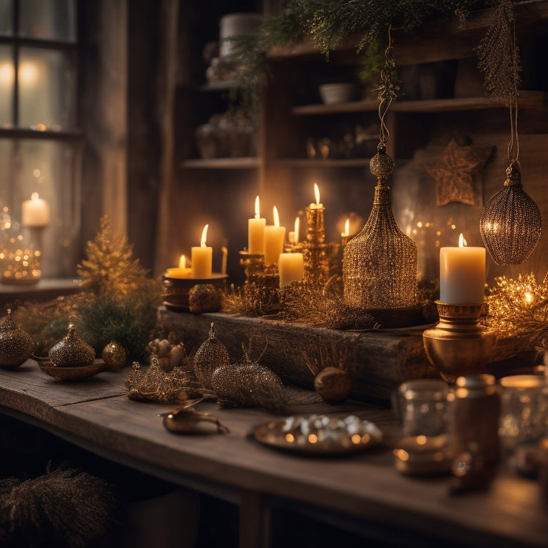 A warm, golden-lit workshop with wooden shelves, filled with sparkling crystals, glowing candles, and mysterious, ornate artifacts, surrounded by lush greenery and twinkling fairy lights.