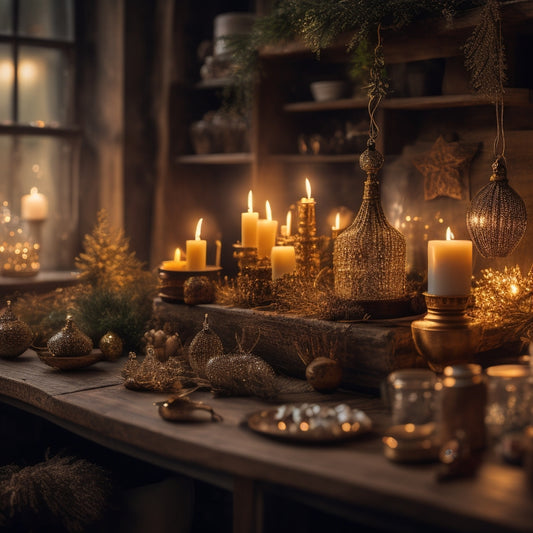 A warm, golden-lit workshop with wooden shelves, filled with sparkling crystals, glowing candles, and mysterious, ornate artifacts, surrounded by lush greenery and twinkling fairy lights.