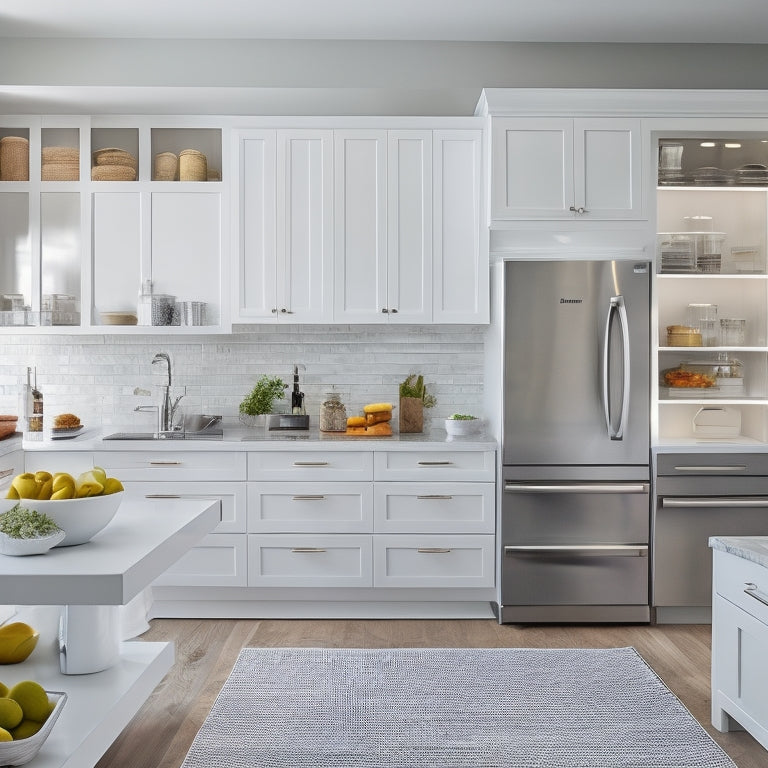 A bright, modern kitchen with sleek white cabinets, a large island, and a stainless steel refrigerator, featuring pull-out pantry drawers, spice racks, and a pegboard with hanging utensils.