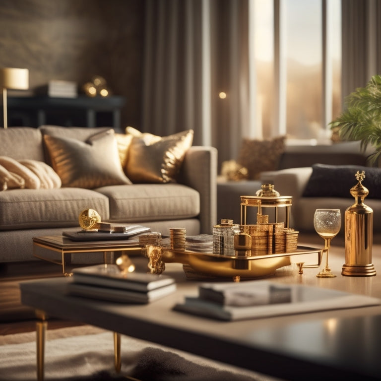 A luxurious, modern living room with a "sold" sign on the coffee table, surrounded by stacks of cash, a few gold coins, and a miniature house figurine, all bathed in warm, golden lighting.