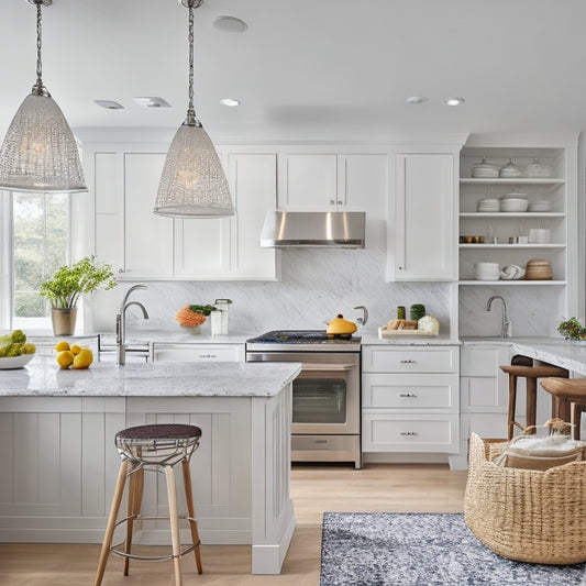A bright, modern kitchen with sleek, white cabinets, a large, granite-topped island, and a stylish, chrome-finished pendant light fixture, featuring open shelving and decorative, woven storage baskets.