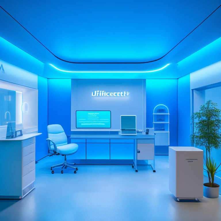 A futuristic, high-tech training room with augmented reality goggles, interactive screens, and sleek, minimalist furniture, surrounded by subtle, pulsing blue lights, with Johnson & Johnson's logo discreetly integrated.