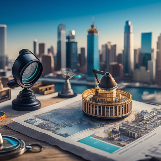 A calendar with a magnifying glass hovering above it, surrounded by miniature buildings, construction hats, and clipboards, with a subtle cityscape background and a bright, professional lighting scheme.