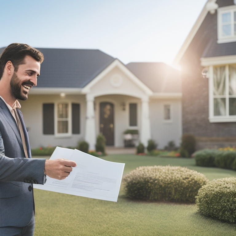 A minimalist illustration of a smiling homeowner handing over a house key to a satisfied buyer, surrounded by scattered papers and a pen, with a subtle background of a sold sign on a lawn.