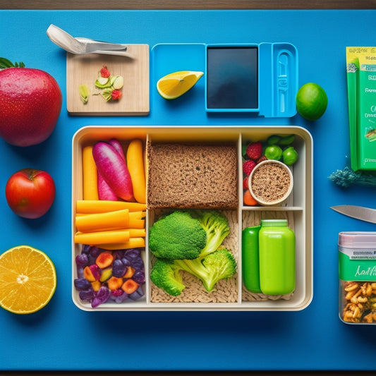 A colorful illustration of a kid's lunchbox surrounded by various healthy food items like fruits, veggies, and whole-grain crackers, with a subtle background of a meal planning calendar or chart.