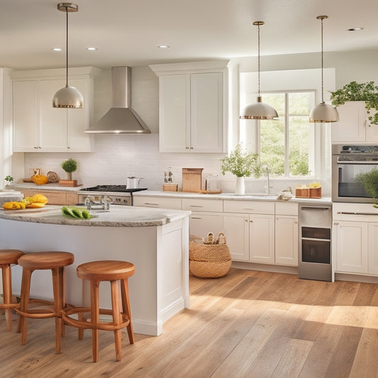 A clutter-free, modern kitchen with a large, wooden island in the center, surrounded by sleek, white cabinets and countertops, with a few rolled-up, customizable kitchen decor templates scattered on the island.