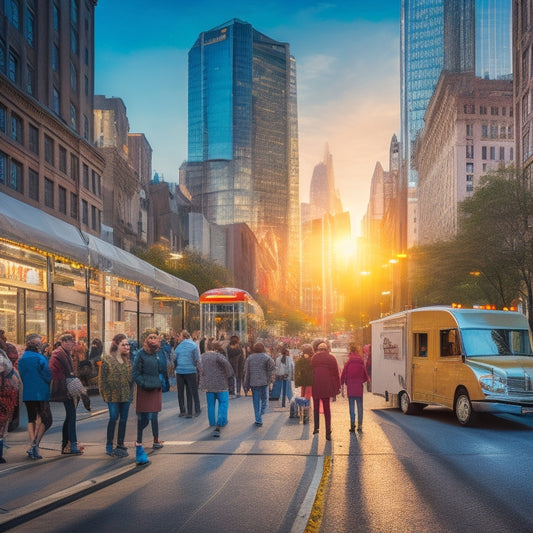 A bustling city street at sunset, with a vibrant food truck parked alongside a sleek, modern skyscraper, surrounded by laughing people of diverse ages and ethnicities eagerly waiting in line or savoring colorful, artistically presented dishes.