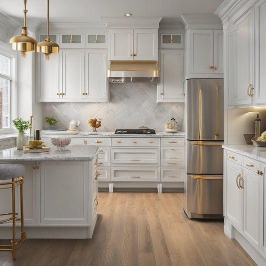 A modern Chinese kitchen with sleek, white, and gray cabinets featuring ornate golden hardware, surrounded by warm, honey-colored wood flooring and a stunning, curved, glass-topped island.