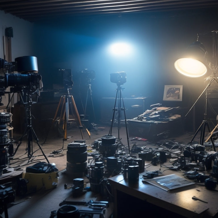 A cluttered, dimly lit room overflowing with dusty camera gear, tripods, and lenses, with a single, gleaming camera standing upright amidst the chaos, surrounded by a halo of light.