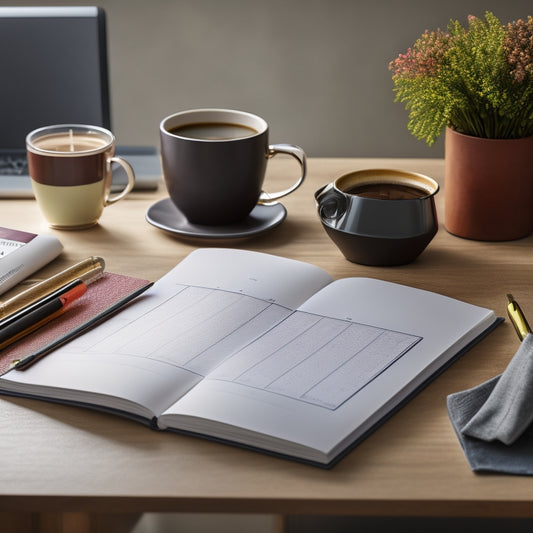 A minimalist desk setup with a sleek, modern planner in the center, surrounded by scattered colorful pens, a cup of steaming coffee, and a few scattered papers with subtle calendar patterns.