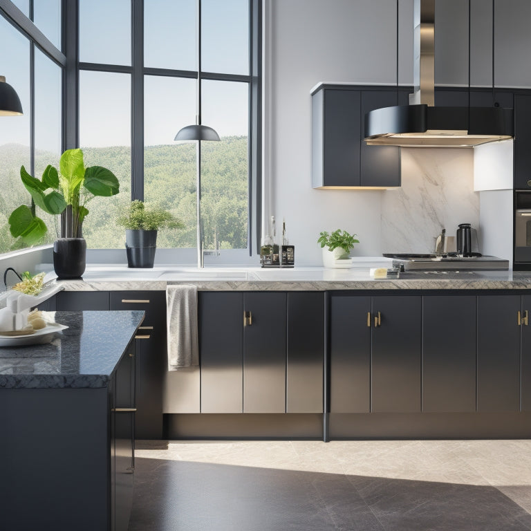 A modern kitchen featuring a sleek, matte-black sink with sharp, angular lines, surrounded by gleaming stainless steel appliances and polished marble countertops, with a subtle hint of natural light.