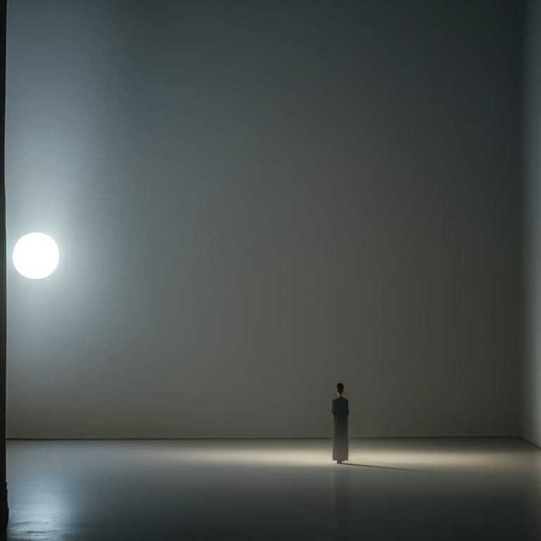 A solitary figure in a dimly lit, minimalist room, surrounded by subtle, glowing orbs, with a subtle, introspective expression, conveying quiet confidence and inner strength.