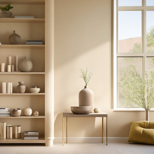 A minimalist living room with warm beige walls, featuring three floating shelves in a staggered formation, holding a vase, a few books, and a decorative sculpture, against a large window with natural light.