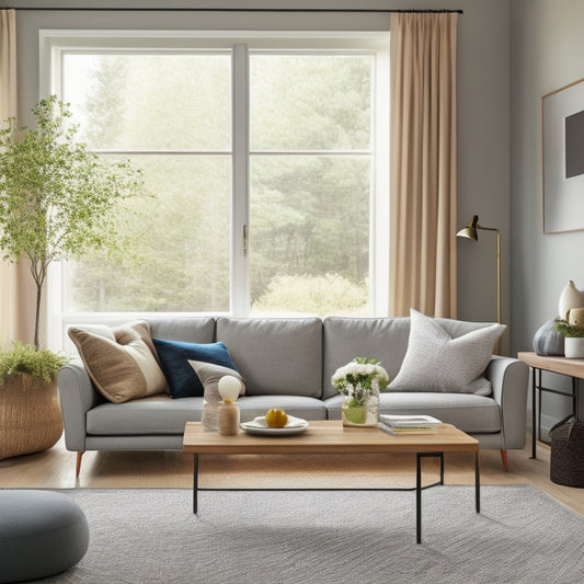 A serene, minimalist living room with a comfortable gray couch, a large window with natural light, and a few scattered checklists and colorful pens on a wooden coffee table.