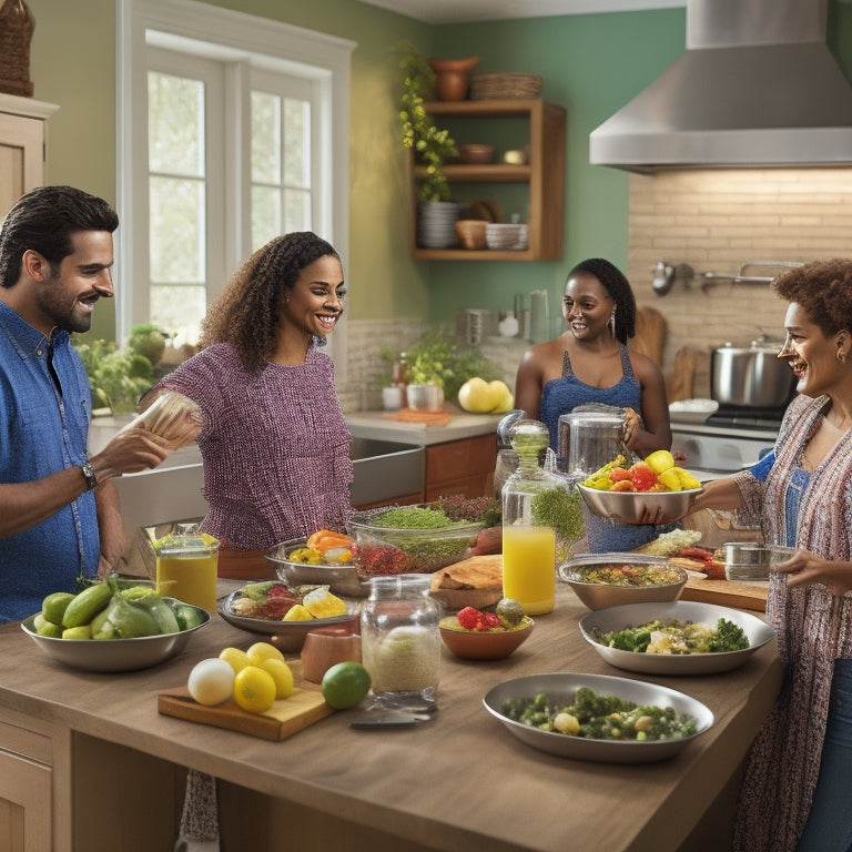 A vibrant, modern kitchen with stainless steel appliances, a large island, and a bustling atmosphere, featuring a diverse group of people cooking and laughing together, surrounded by fresh ingredients.