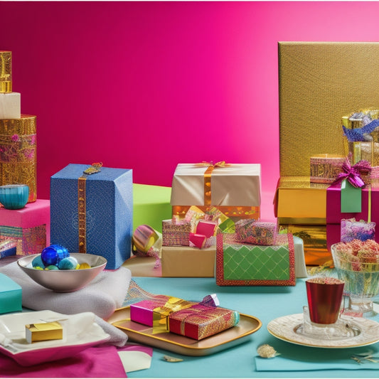 A colorful, clutter-free table display with a variety of gift cards from different brands and categories, arranged in a visually appealing pattern, surrounded by decorative gift boxes and ribbons.