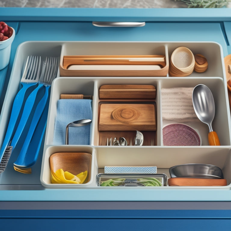 A tidy kitchen drawer with dividers, a utensil organizer, and a stack of plates, contrasting with a cluttered drawer in the background, with items spilling out and utensils tangled together.