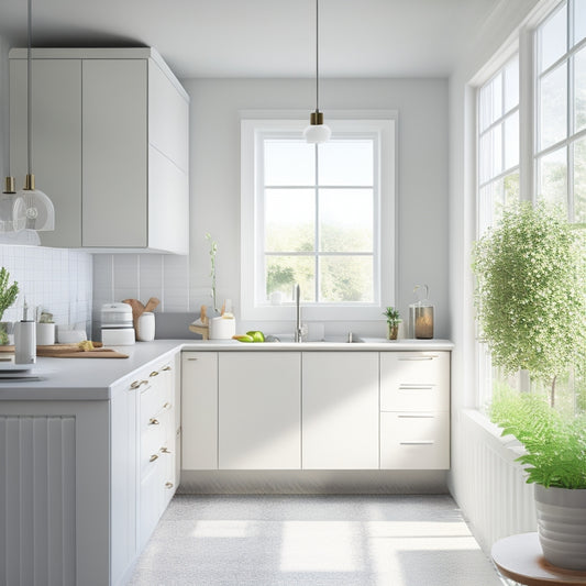 A bright, minimalist kitchen with sleek white cabinets, a compact island, and a wall-mounted pot rack, surrounded by natural light pouring in through a large window.