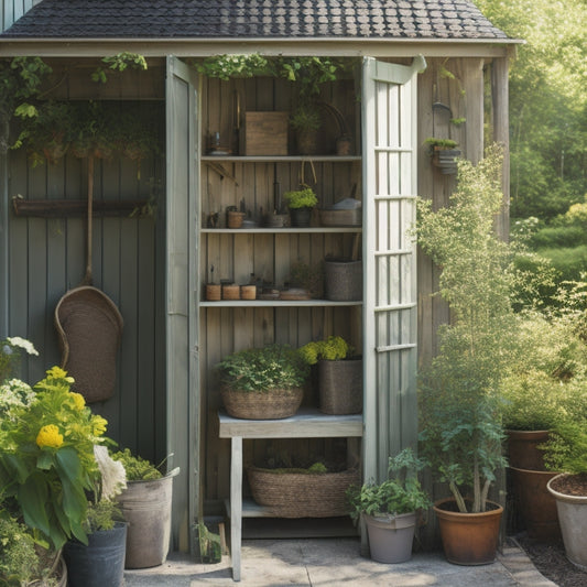 A serene, sun-drenched garden shed with a wooden trellis, surrounded by lush greenery, featuring a woven basket overflowing with gardening tools, and a repurposed vintage ladder as a plant stand.