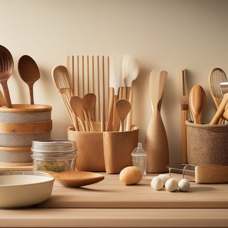 A tidy kitchen counter with a wooden utensil organizer, filled with neatly arranged cooking spoons, whisks, and spatulas, against a warm beige background with a faint wood grain texture.