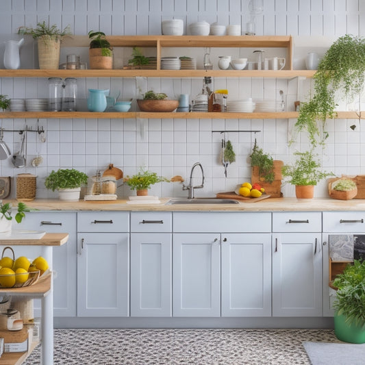 A tidy kitchen with a bright, white countertop, a few spotless appliances, and a small, open shelving unit with 7 colorful, labeled checklists pinned to a corkboard, surrounded by a few fresh herbs.