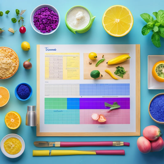 A colorful, organized, and minimalist illustration featuring various meal planning templates, a kitchen background with utensils and ingredients, and a subtle hint of healthy food options like fruits and veggies.