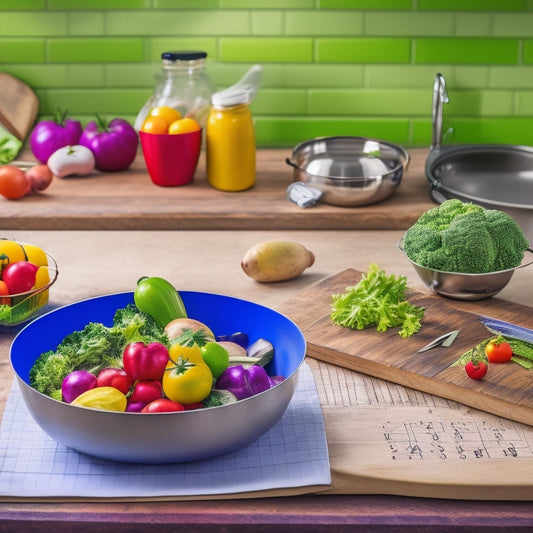 A tidy kitchen island holds a wooden cutting board, a stainless steel mixing bowl, and a few fresh vegetables, surrounded by a calendar and a few colorful pens, with a blurred background of kitchen utensils.