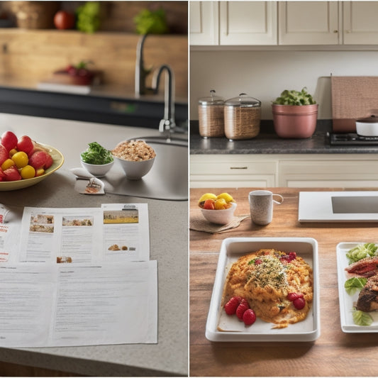 A split-screen image featuring a cluttered kitchen with scattered recipe papers and a laptop with a meal planning app open, alongside a sleek, renovated kitchen with a tablet displaying a organized meal plan.