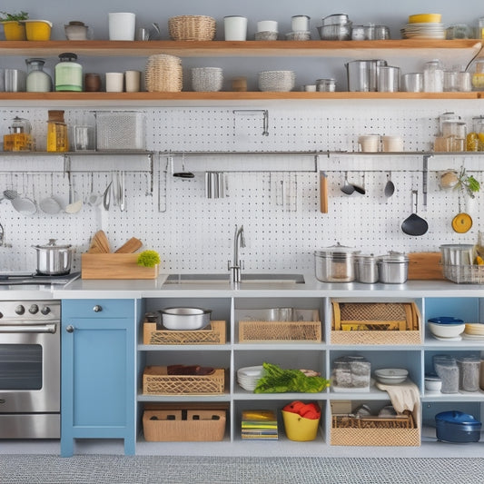 A clutter-free kitchen with a stainless steel island, open shelving, and a pegboard displaying hanging utensils, alongside a built-in trash can, a utensil organizer, and a row of matching canisters.