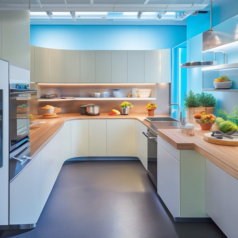 A bright, modern kitchen design studio with a large, curved touchscreen display showing a 3D kitchen layout, surrounded by sleek, minimalist workstations and floor-to-ceiling shelves stocked with design materials.