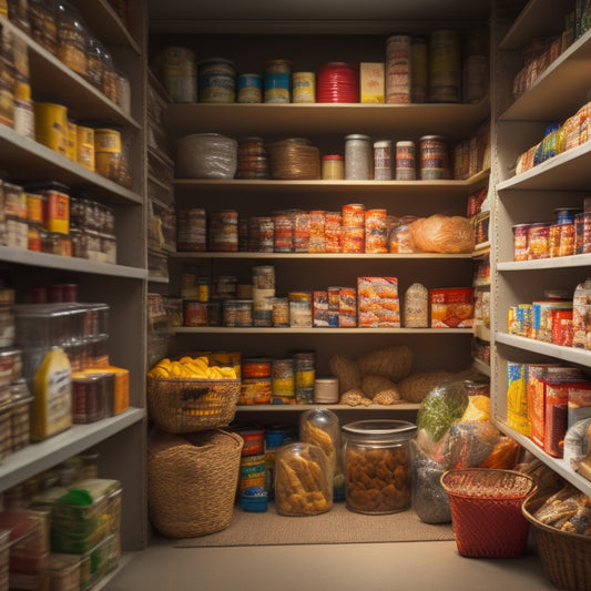 A cluttered pantry with open shelves overflowing with expired canned goods, crumpled bags, and toppled containers, with a single, empty shelf in the background, lit by a warm, natural light.