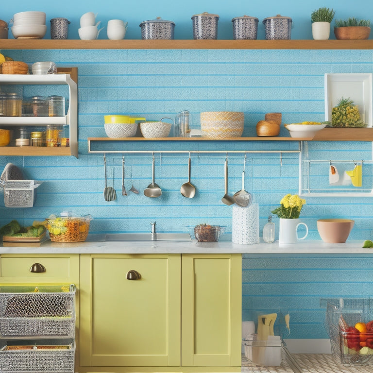 A bright, organized kitchen with a mix of open shelving and closed cabinets, featuring a pegboard with hanging utensils, a tiered spice rack, and a pull-out trash can.