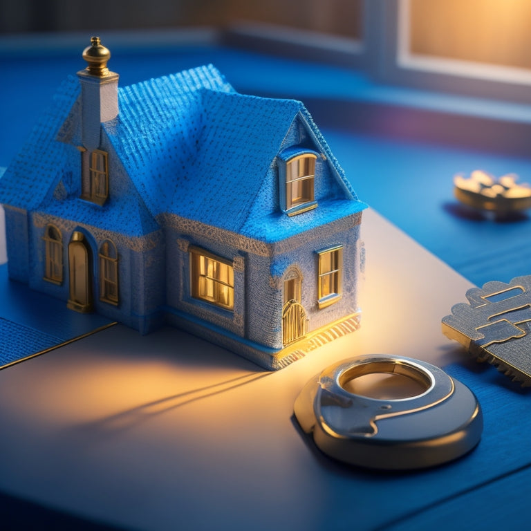 A golden key unlocking a miniature house, surrounded by puzzle pieces fitting together, on a bright blue background with subtle rays of light shining from the keyhole.