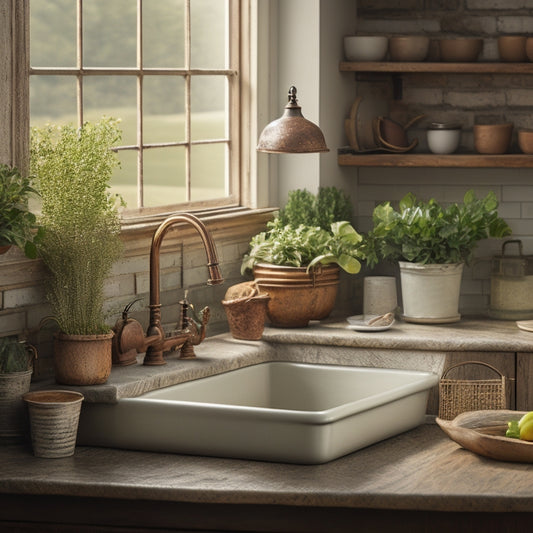 A rustic, apron-front farmhouse sink with worn, bronze faucets and gentle water flow, set against a distressed, creamy-white brick backsplash and surrounded by vintage utensils and potted greenery.