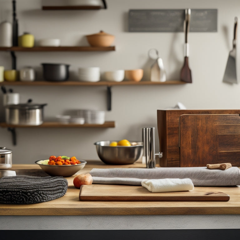 A tidy kitchen with a few strategically placed items: a single, gleaming chef's knife on a minimalist magnetic board, a small, labeled spice rack, and a utensil organizer with a few carefully rolled towels.