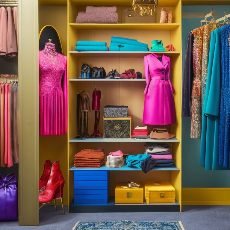 A colorful, clutter-free closet with a mix of high-end and trendy clothing items, shoes, and accessories, with a few pieces artfully draped on a velvet mannequin, surrounded by wads of cash.