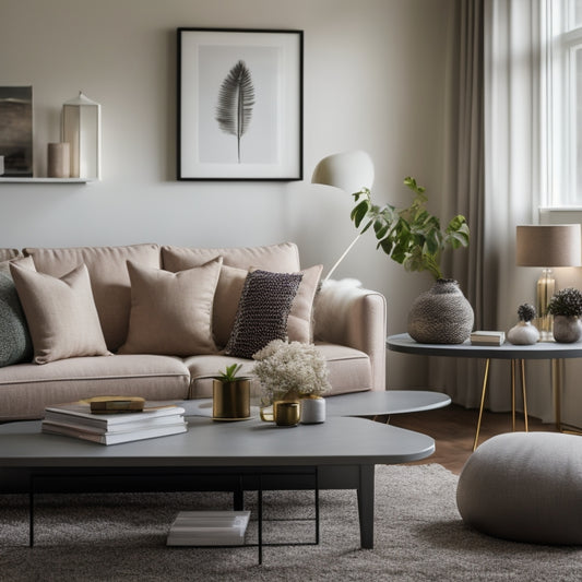 A modern, minimalist living room with a laptop on a sleek coffee table, surrounded by scattered pages of interior design ebooks, and a few stylish throw pillows and vases nearby.